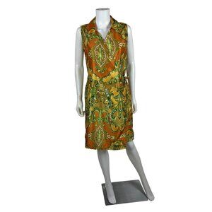 Vintage 90s Wrap Dress Womens Medium Paisley Print Faux Silk Retro 60s Style